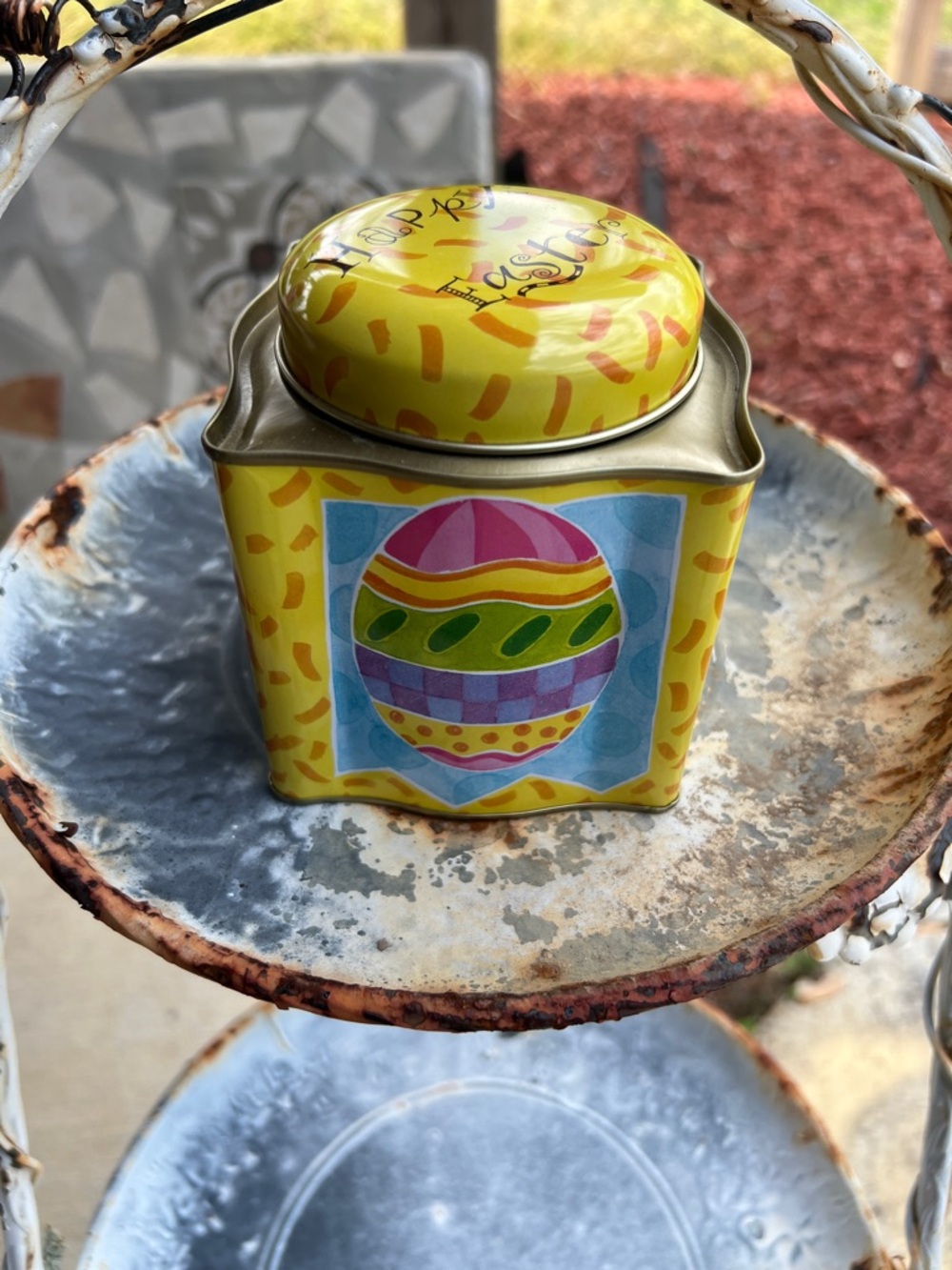 Yellow Decorative Easter Tin with Colorful Egg Motif